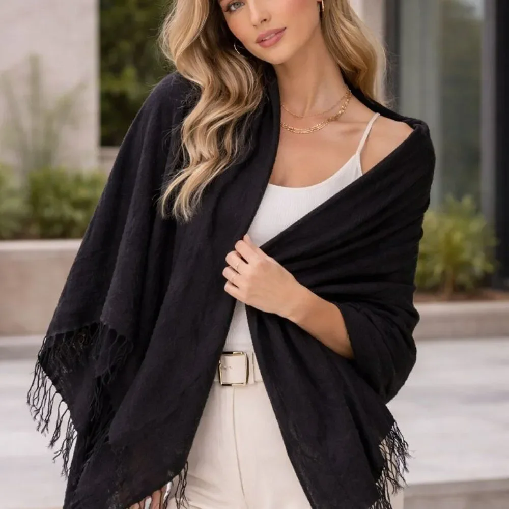 Handmade Oversized Black Wool Wrap | Artisan Made in Nepal | 86” x 28”